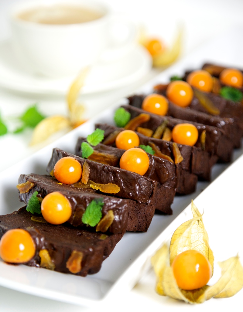 Chocolate cake with orange, apricots and physalis, low- carb and gluten free